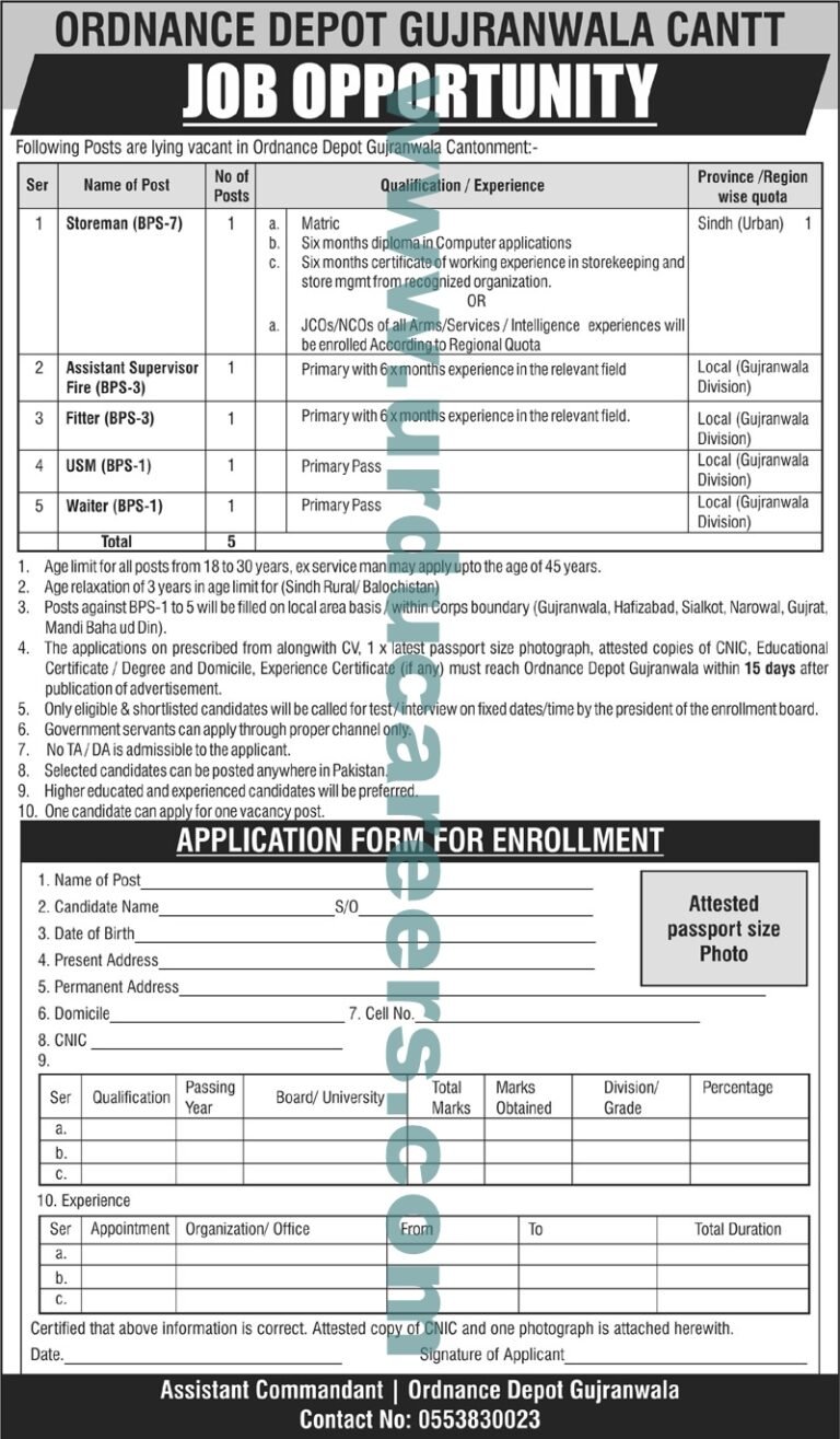 COD Gujranwala Pak Army Jobs May 2024