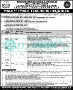 Punjab Daanish School Hasilpur District Bahawalpur Jobs for Teaching Staff 2024