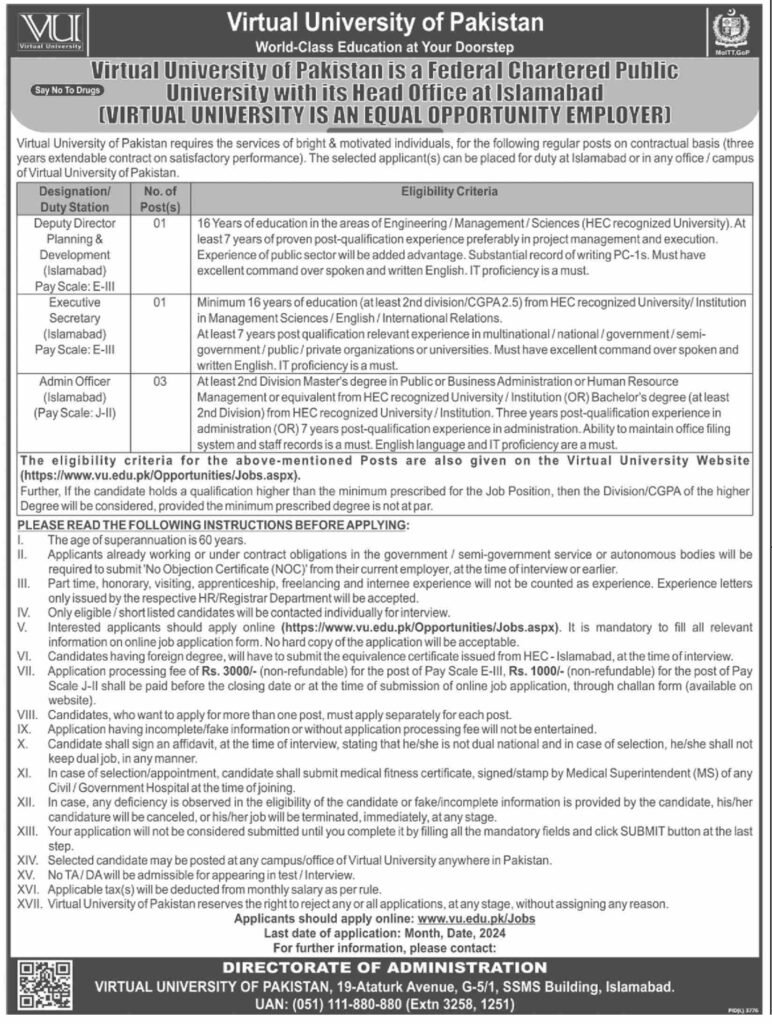 Virtual University VU of Pakistan Jobs 2024 Ad