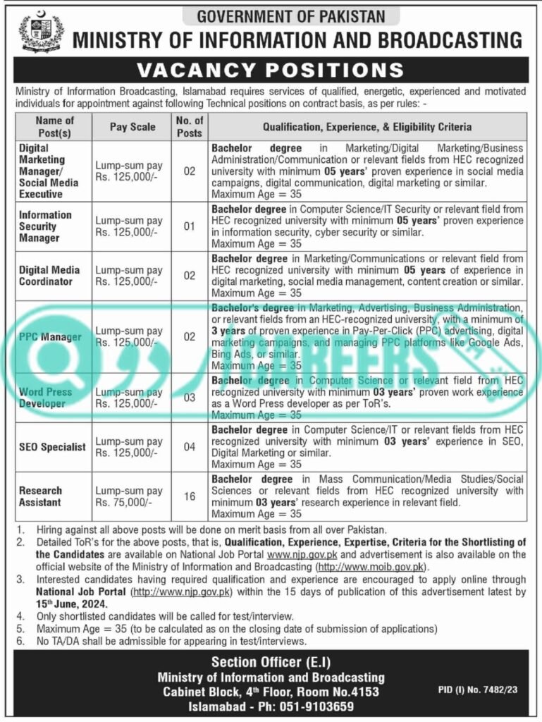 Ministry of Information & Broadcasting MOIB Digital Marketing Jobs 2024