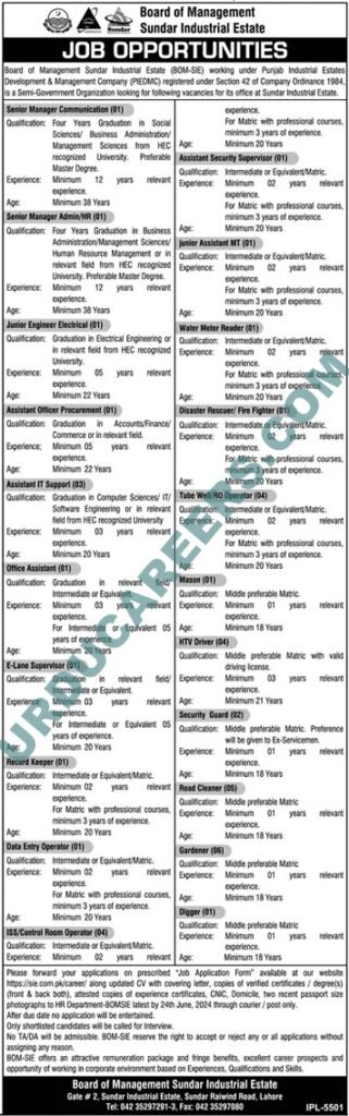 Sundar Industrial Estate SIE Lahore Jobs Advertisement June 2024