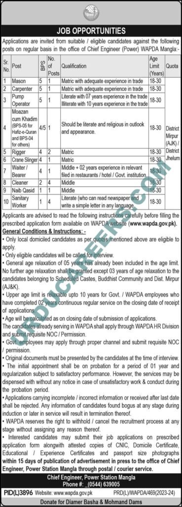 WAPDA Power Station Mangla Jobs Advertisement June 2024